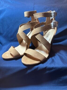 JustFab - Amelia - Wide Width Camel Suede Crisscross Block Heels